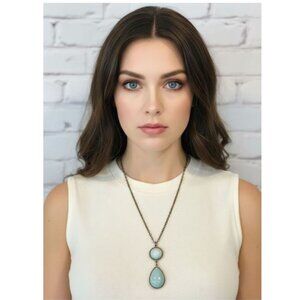 NECKLACE - Vintage long gold chain with turquoise teardrop double pendant